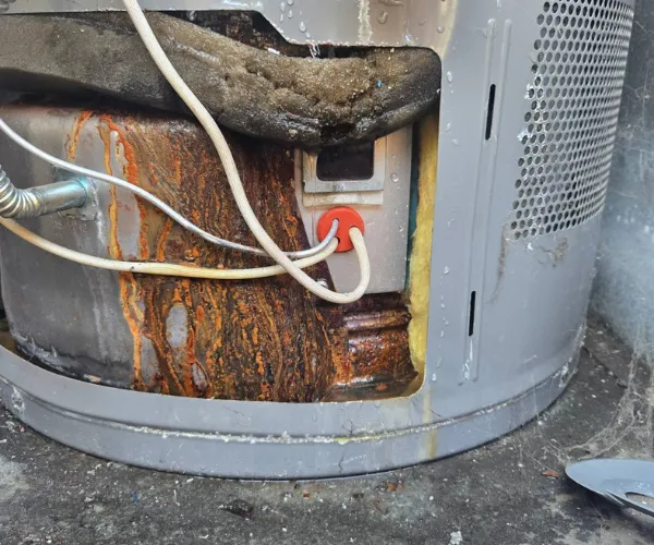 Close-up of a corroded copper pipe joint with heavy white mineral deposits and green oxidation in a dark utility area.