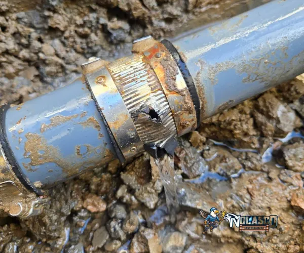 Corroded copper pipe joint with mineral deposits and green oxidation.