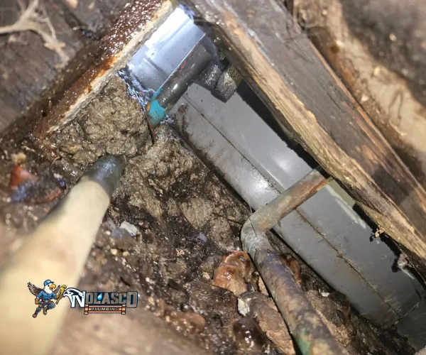 Copper plumbing with limescale buildup and crusting on valves.